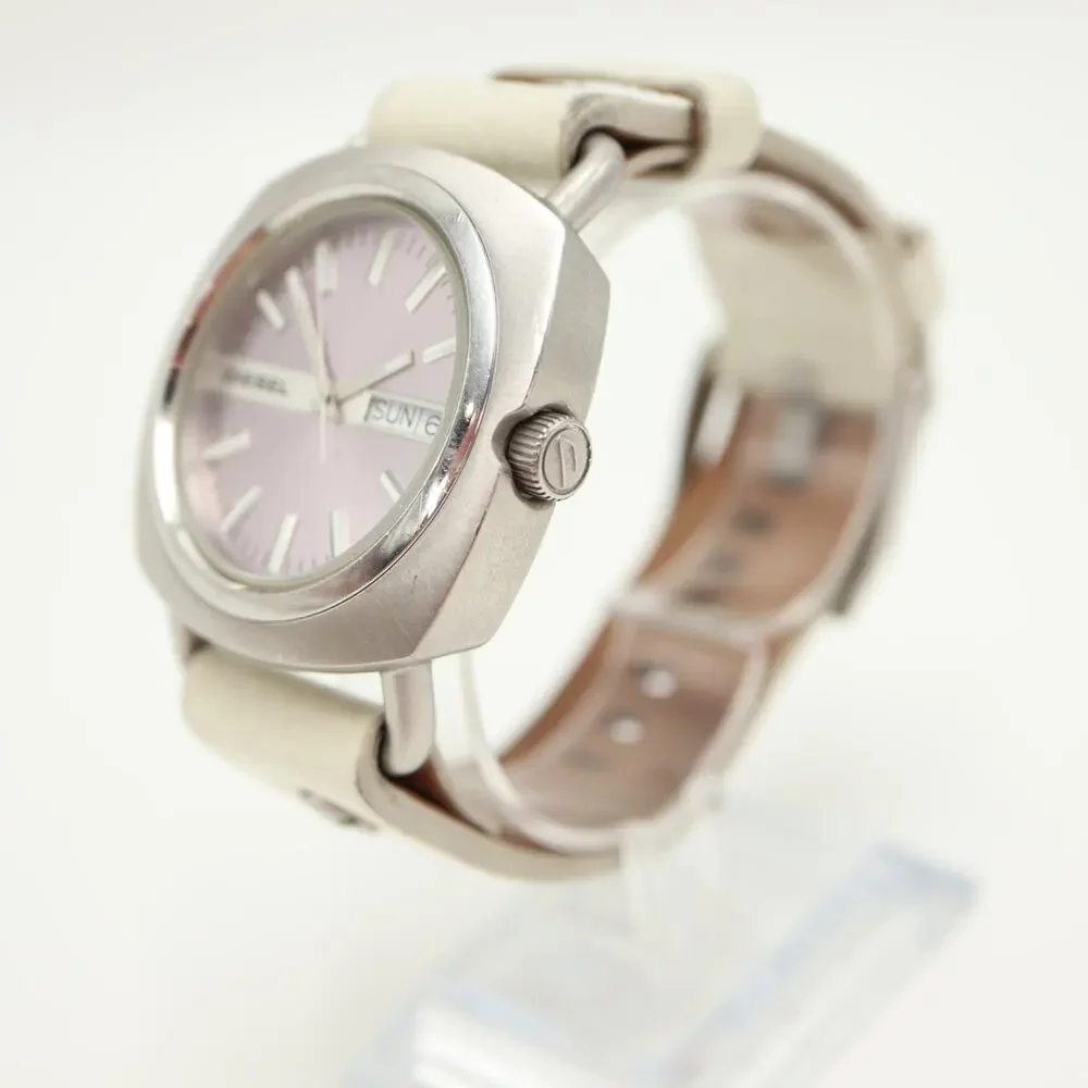 Diesel Mens 40mm Day Date Pink Silver Watch White Leather DZ5090 w New Battery
